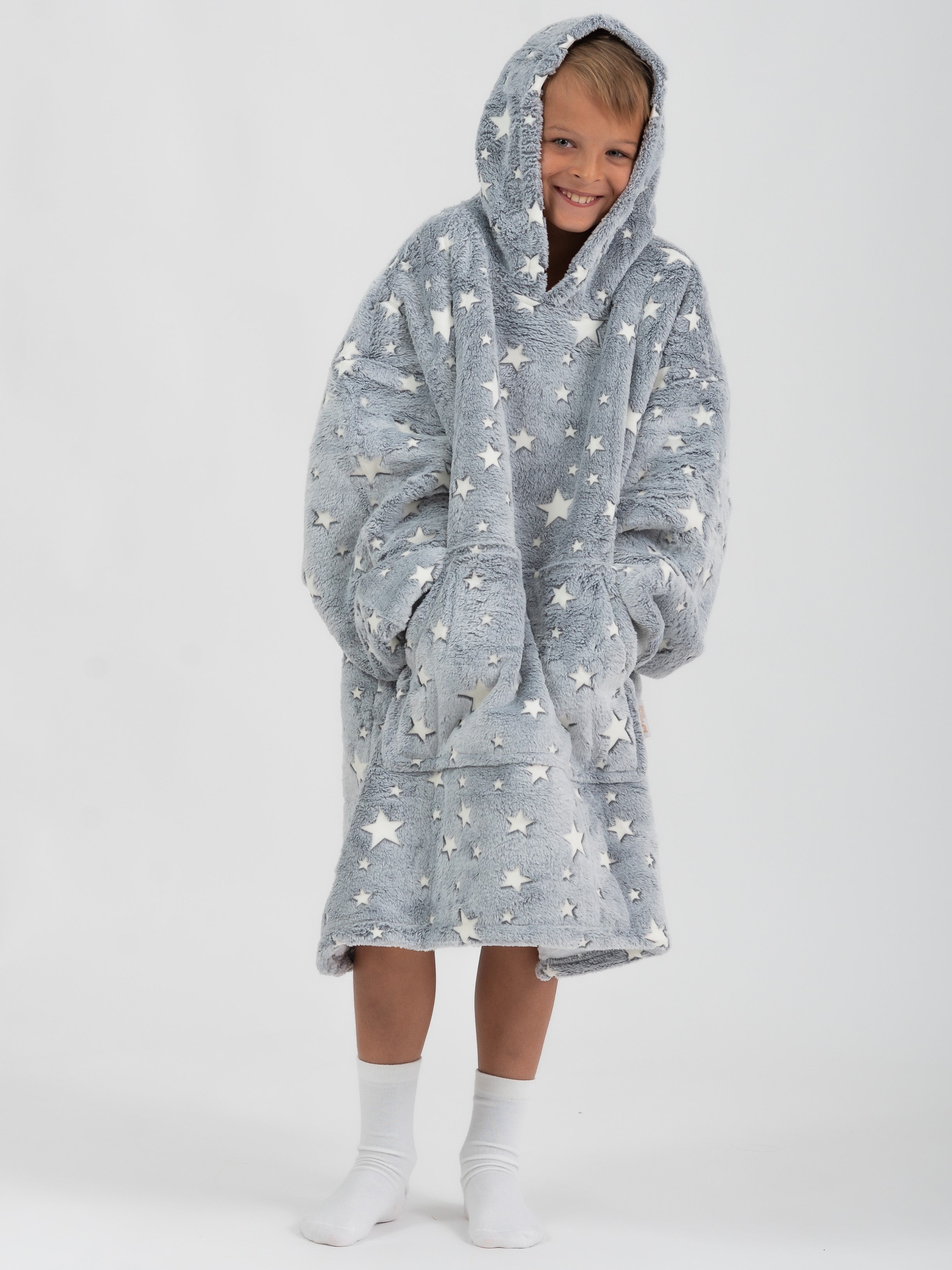 Moletom Oversized Com Capuz Kids Cinza Estrelado