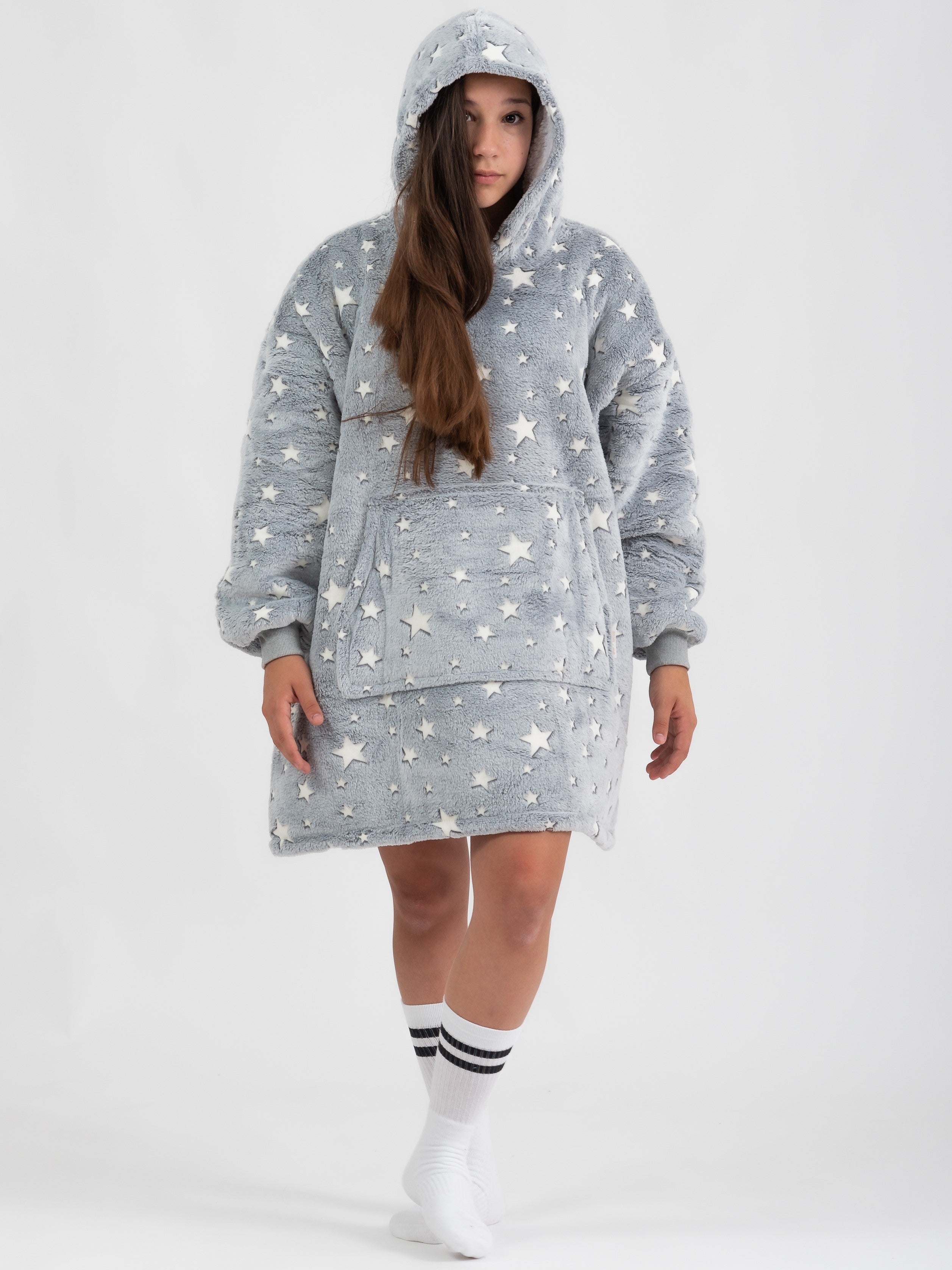 Moletom Oversized Com Capuz Kids Cinza Estrelado
