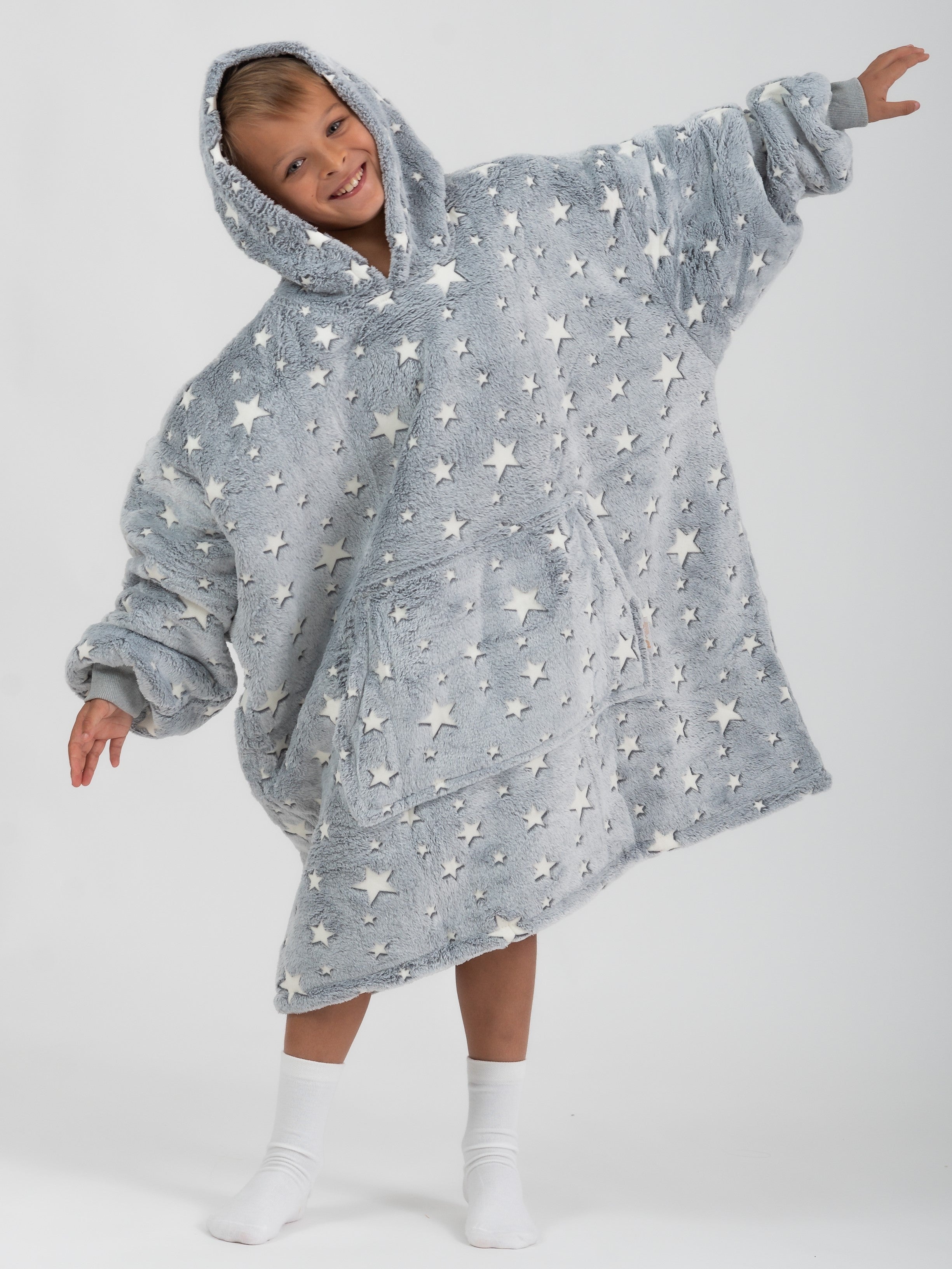 Moletom Oversized Com Capuz Kids Cinza Estrelado