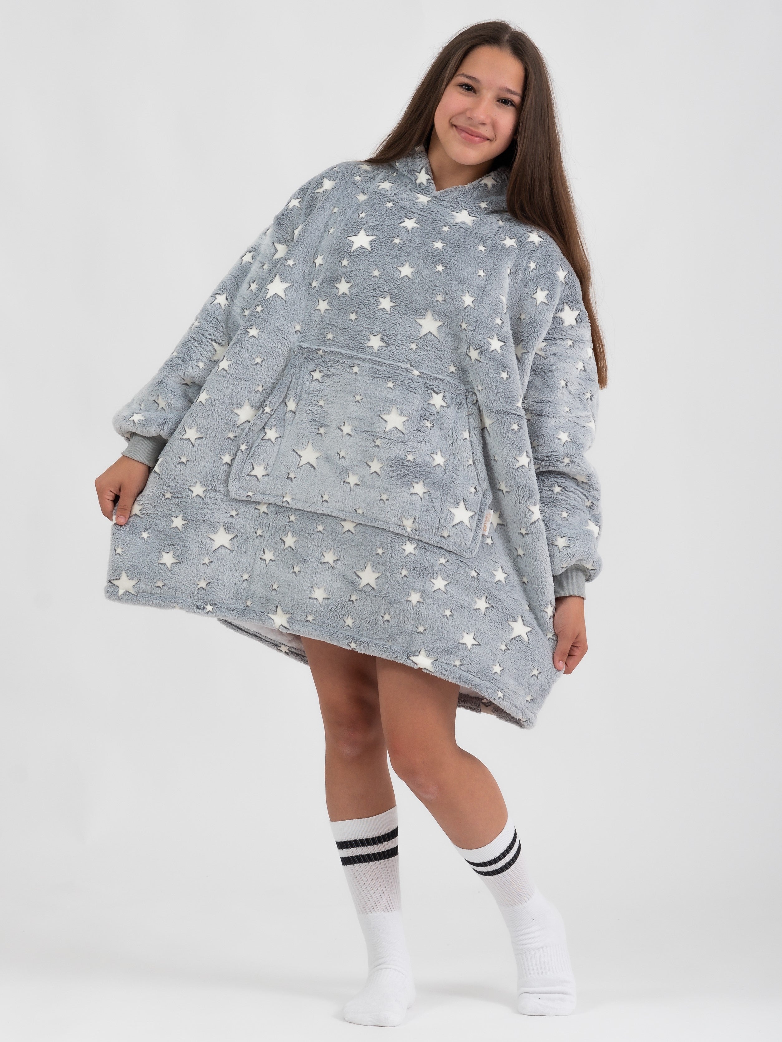 Moletom Oversized Com Capuz Kids Cinza Estrelado